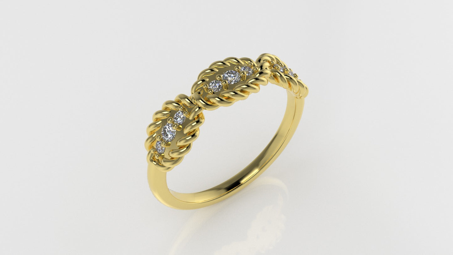 14K Ring with 9 Diamonds, STT: Prong, Rope