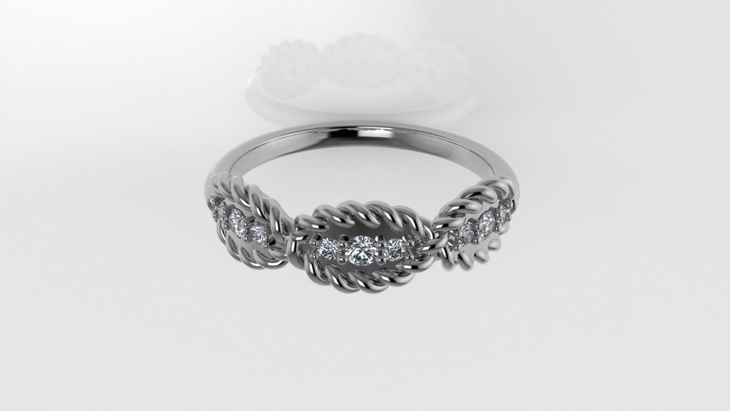 14K Ring with 9 Diamonds, STT: Prong, Rope