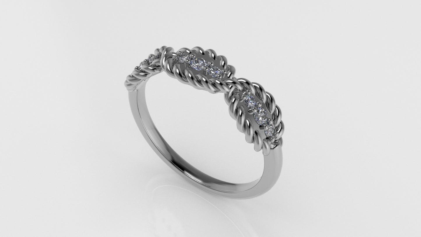 14K Ring with 9 Diamonds, STT: Prong, Rope