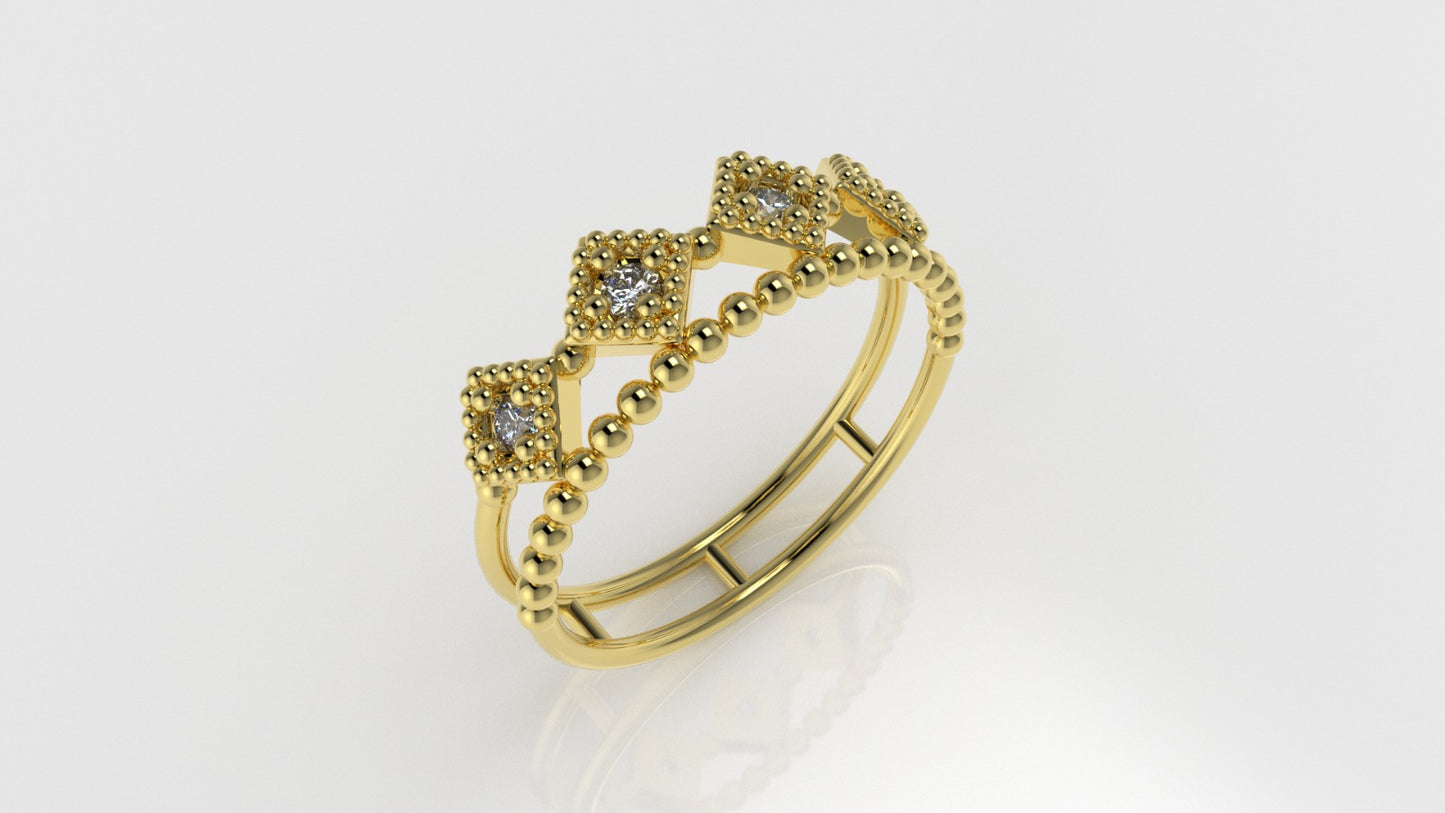 14K Gold Ring with 4 Diamonds, STT: 4-Prongs, Filigree