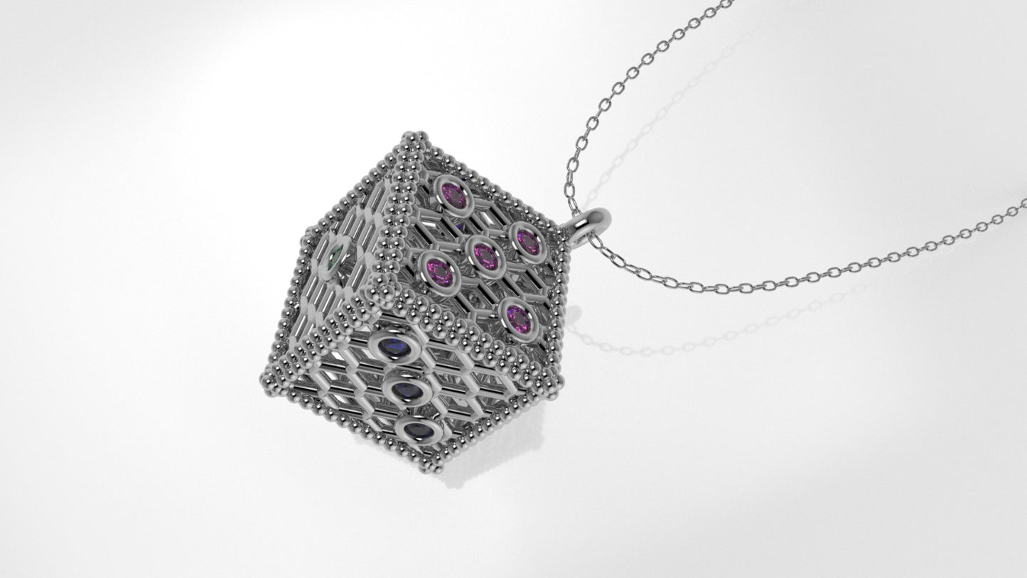 14K Gold Pendant with 21 Color Stone, Filigree, STT: Bezel, Only Pendant, Cube Style