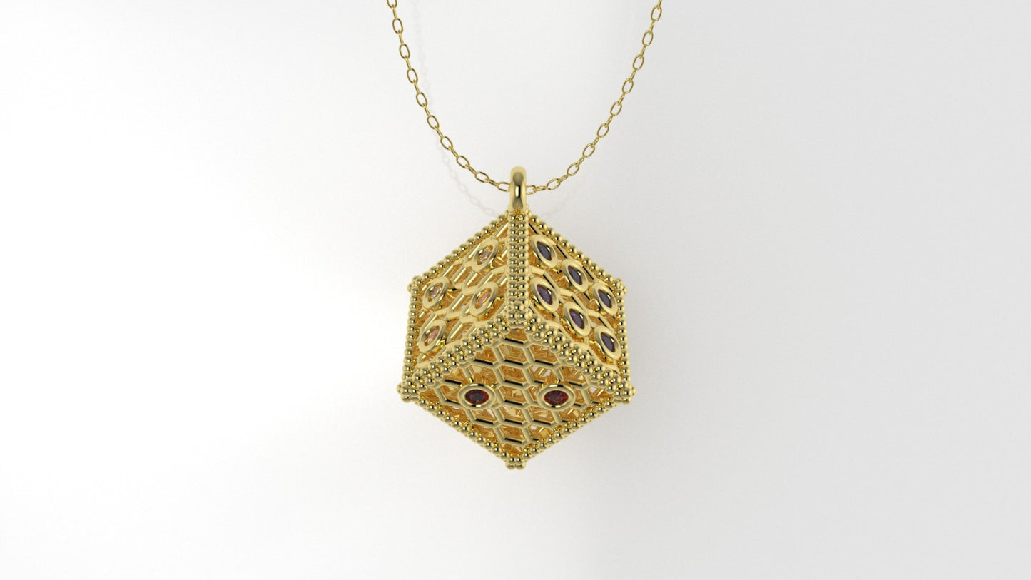 14K Gold Pendant with 21 Color Stone, Filigree, STT: Bezel, Only Pendant, Cube Style