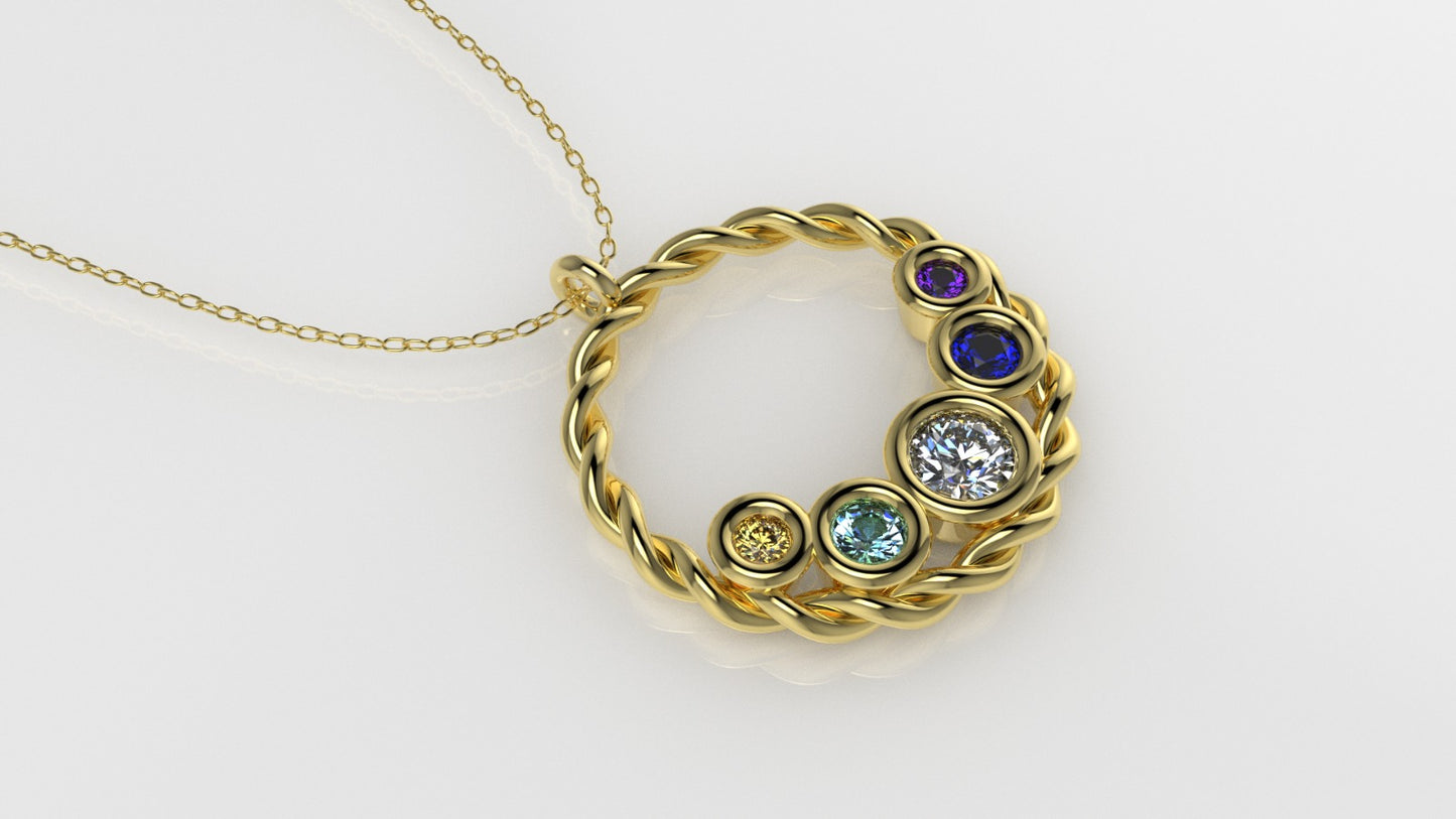 14K Gold Pendant with 5 Color Stones, STT: Bezel, Rope