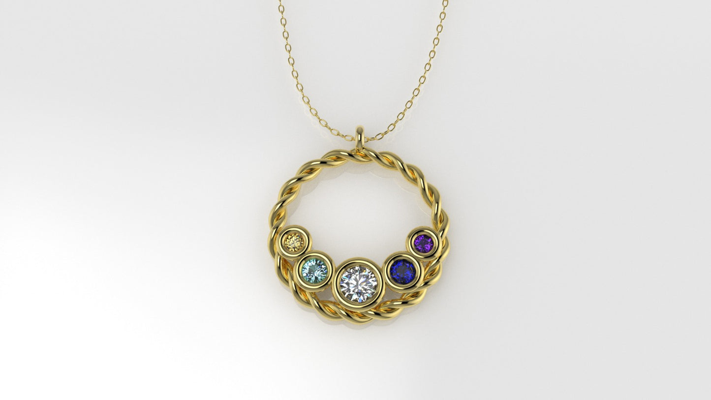 14K Gold Pendant with 5 Color Stones, STT: Bezel, Rope