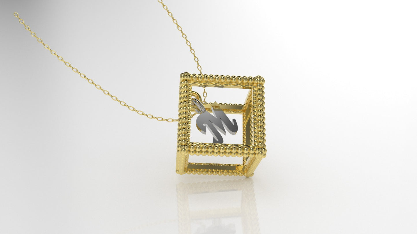 14K Customizable Initial Pendant, Filigree, Only Pendant, Cube Style, with custom letter