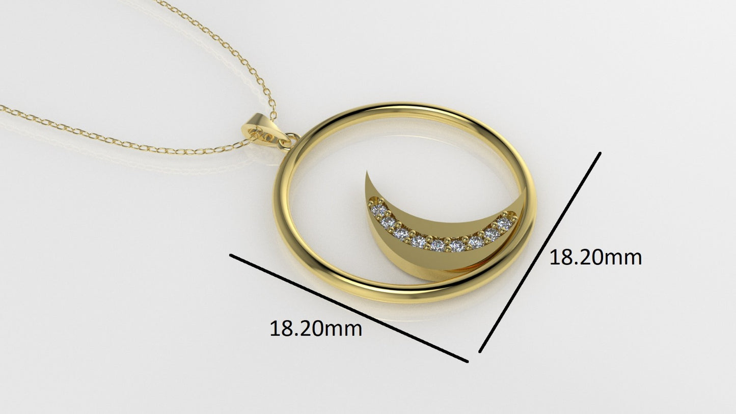 14K Gold Pendant with 9 Diamonds, STT: Prongs, Moon Style, Cut Chanel