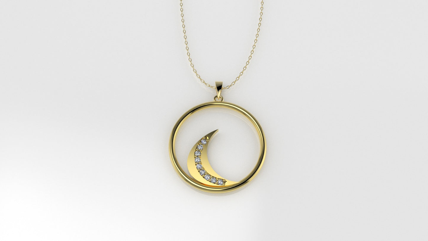 14K Gold Pendant with 9 Diamonds, STT: Prongs, Moon Style, Cut Chanel