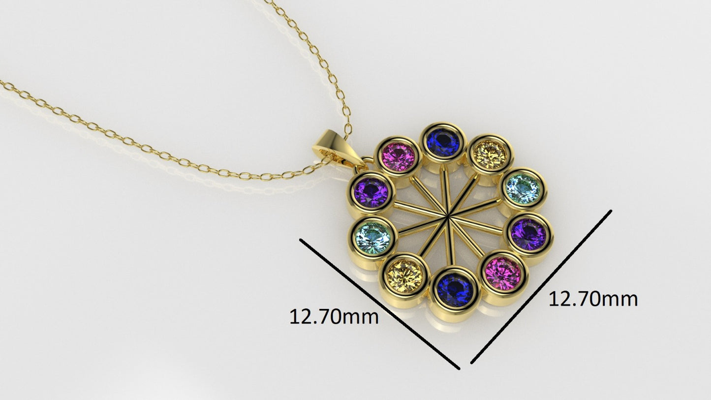 14K Gold Pendant with 10 Color Stones, STT: Bezel, Circle Style