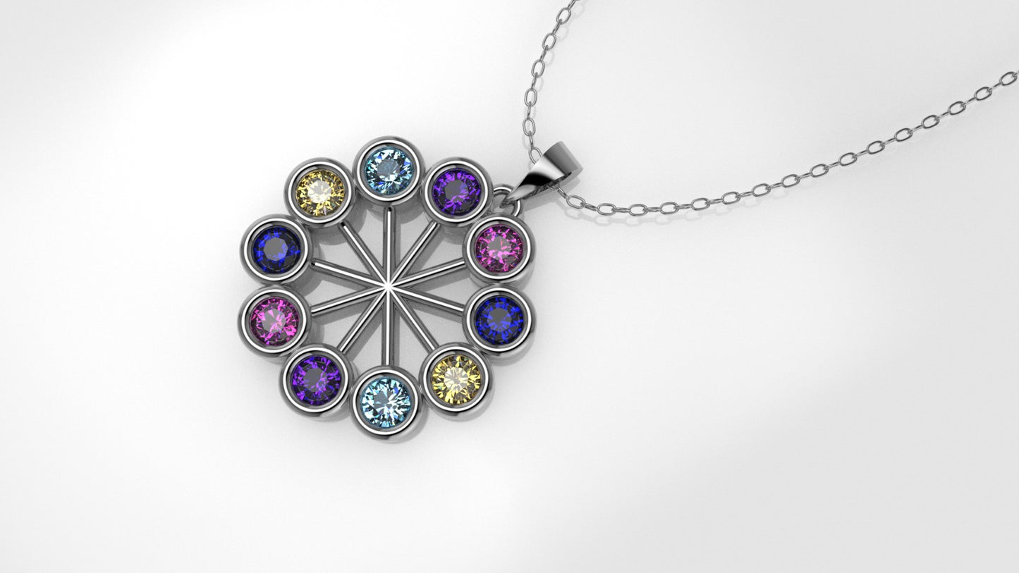 14K Gold Pendant with 10 Color Stones, STT: Bezel, Circle Style