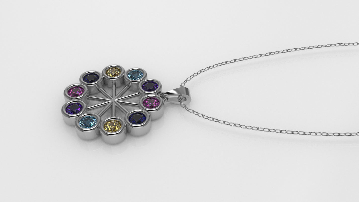 14K Gold Pendant with 10 Color Stones, STT: Bezel, Circle Style