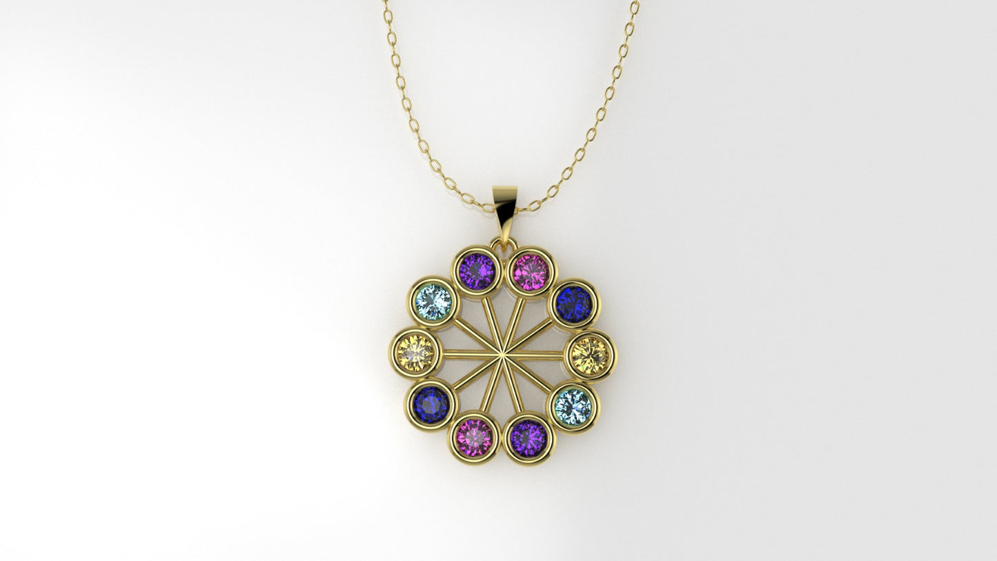 14K Gold Pendant with 10 Color Stones, STT: Bezel, Circle Style