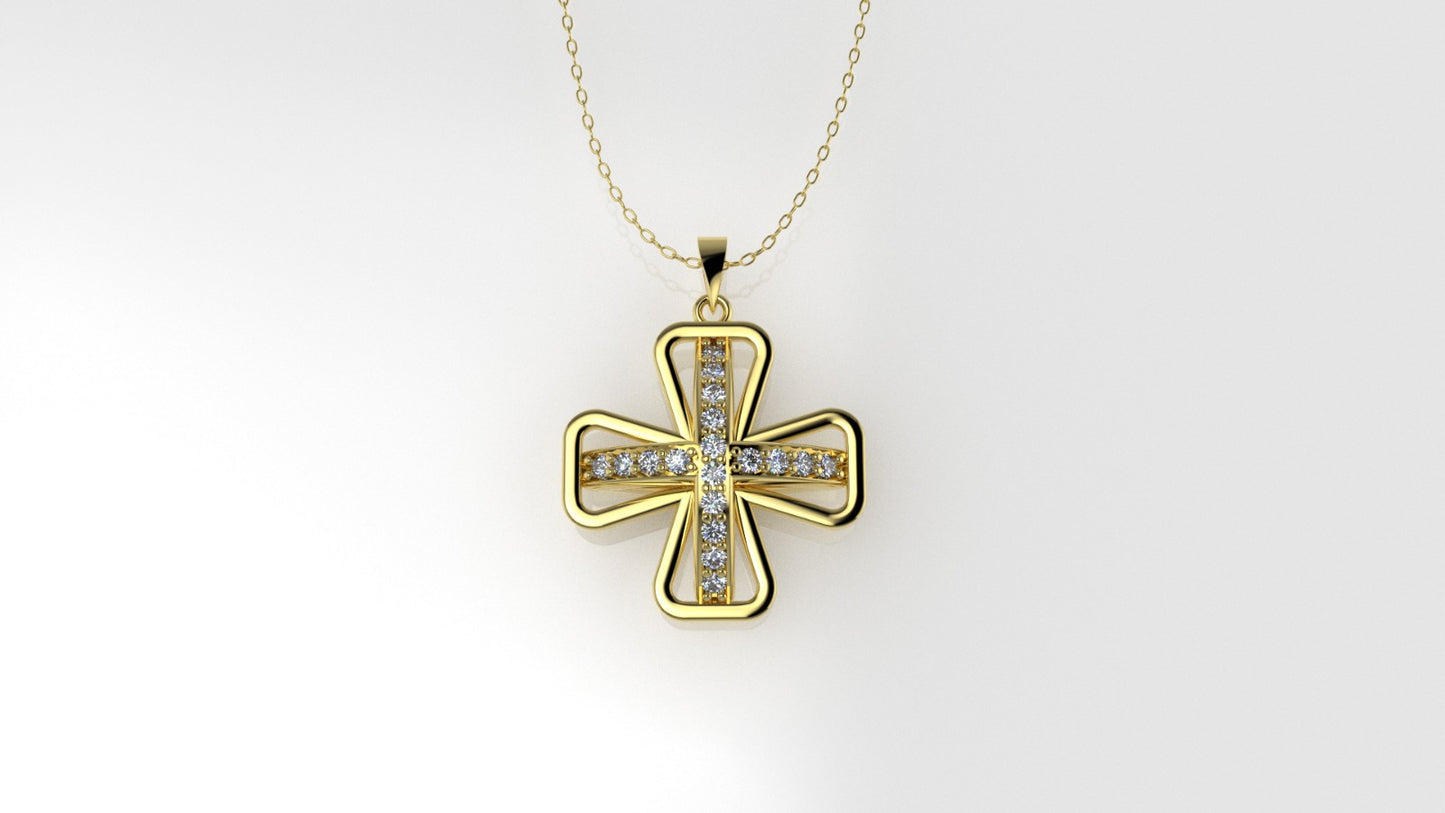 14K Gold Pendant with 18 Diamonds, STT: Prongs, Cut Chanel, Cross Style