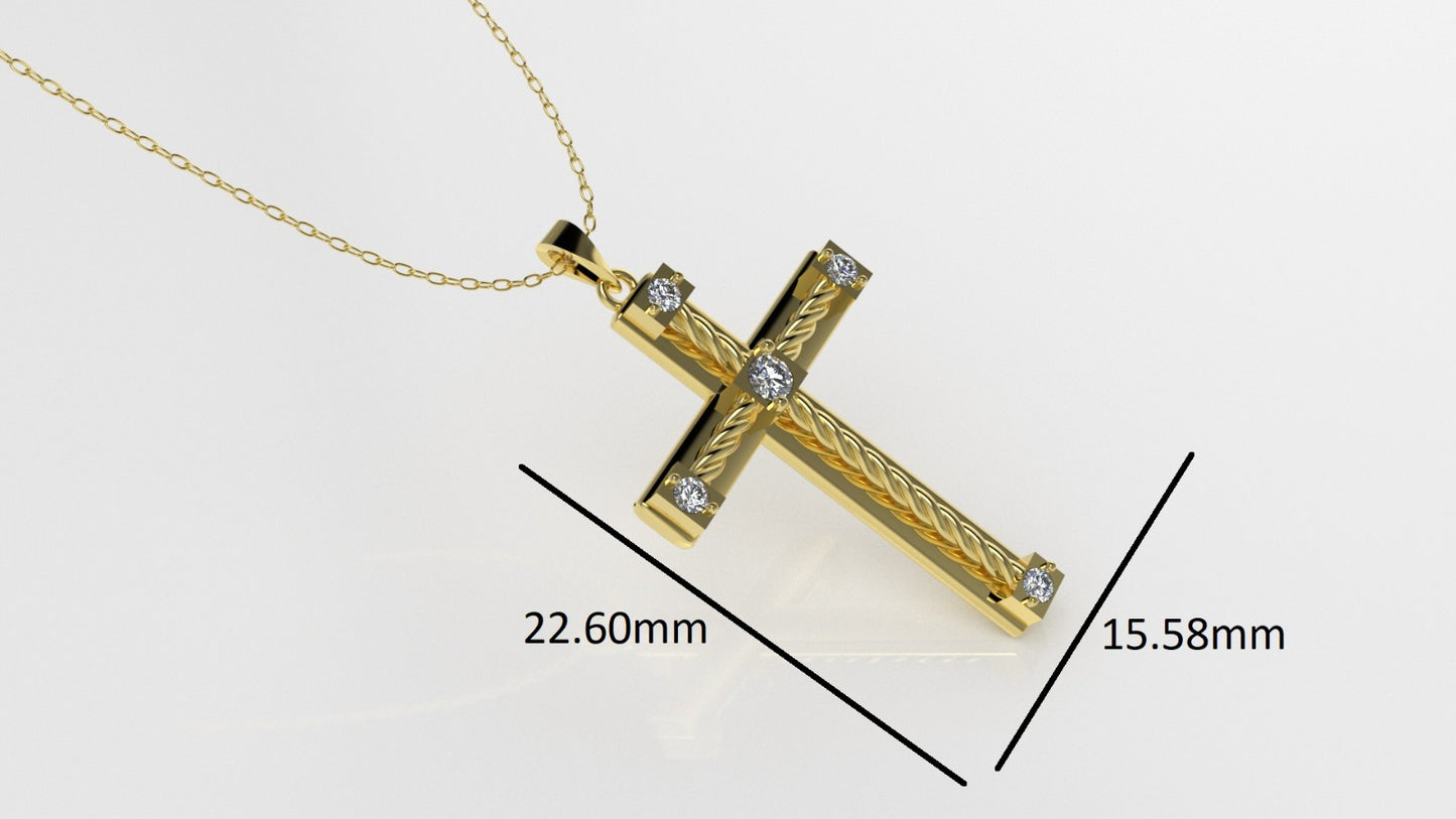 14K Gold Pendant with 5 Diamonds, STT: 2-Prongs, Cross Style