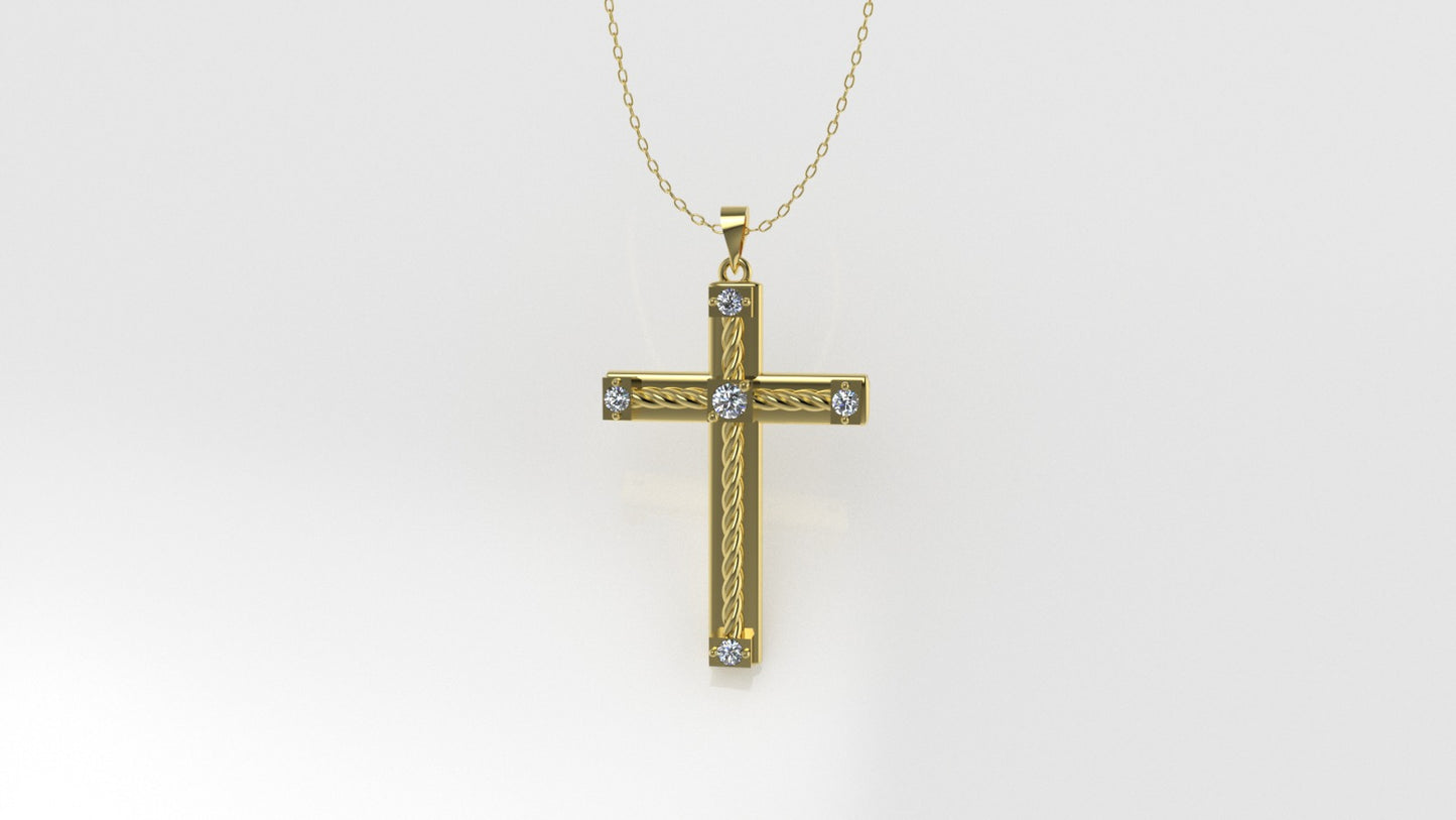 14K Gold Pendant with 5 Diamonds, STT: 2-Prongs, Cross Style