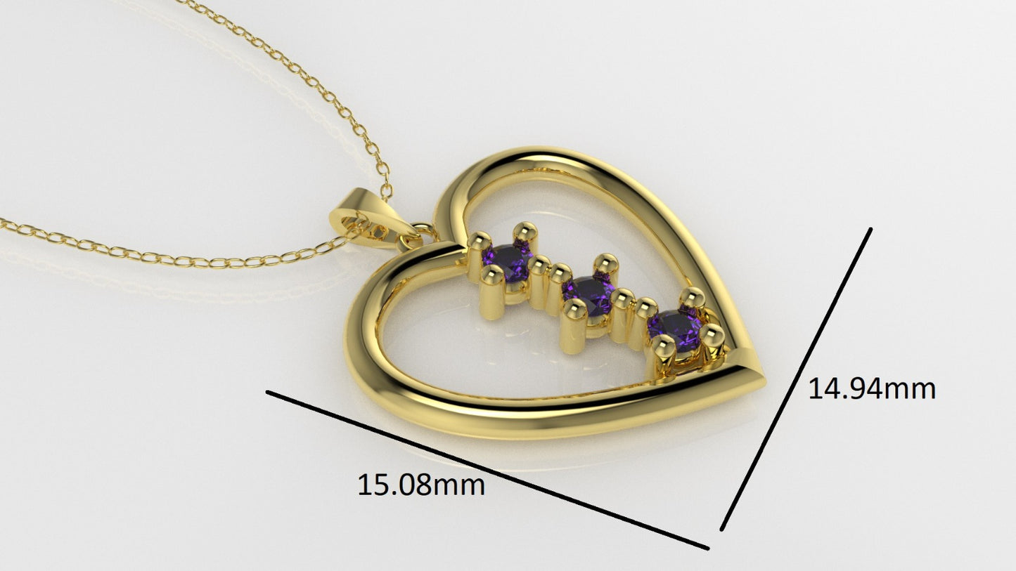 14K Gold Pendant with 3 AMETHYST, STT: 4-Prong, Heart Style