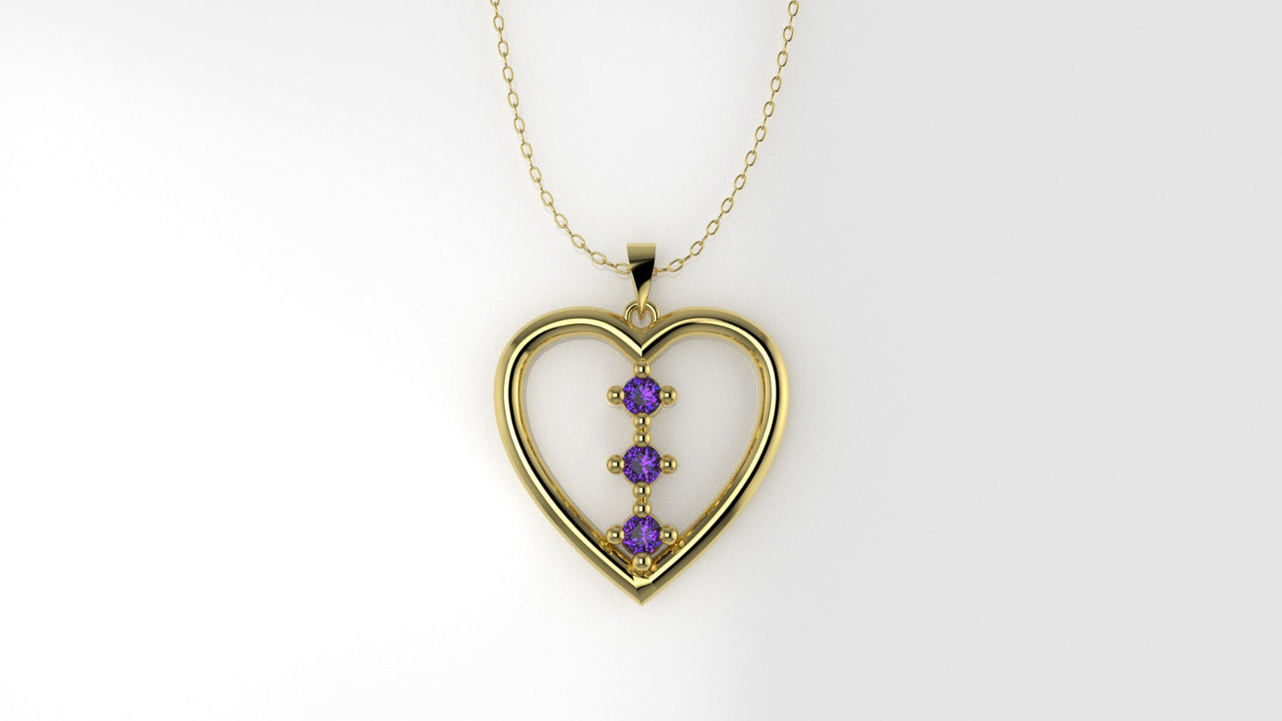 14K Gold Pendant with 3 AMETHYST, STT: 4-Prong, Heart Style