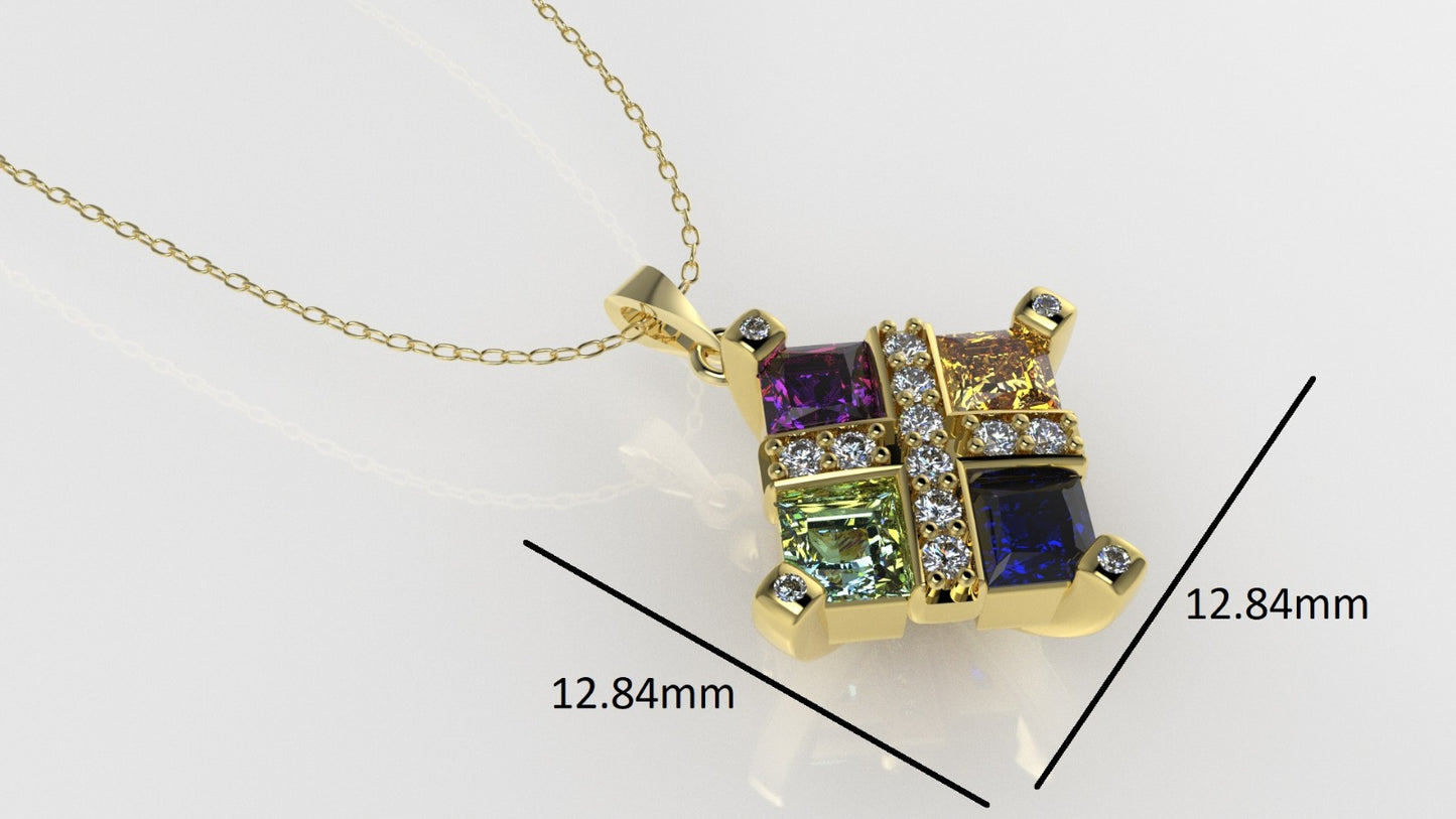 14K Gold Pendant with 18 Color Stones, STT: Prong and Bezel, Princess Style, Cut Chanel, Only Pendant