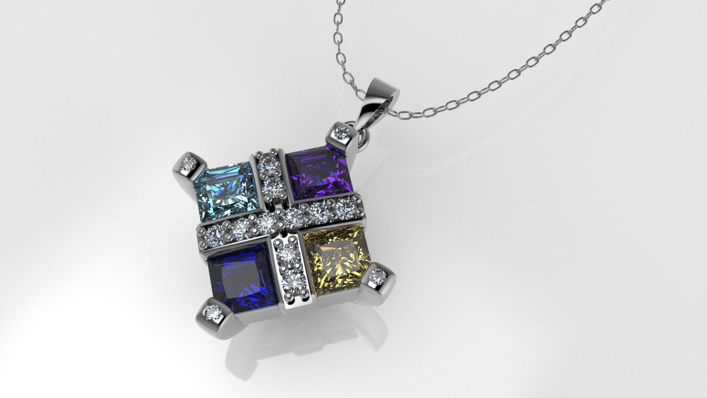 14K Gold Pendant with 18 Color Stones, STT: Prong and Bezel, Princess Style, Cut Chanel, Only Pendant