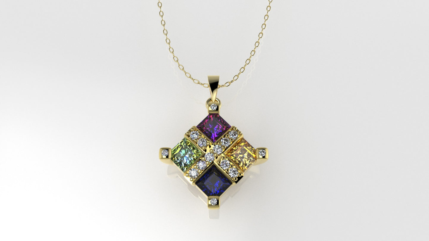 14K Gold Pendant with 18 Color Stones, STT: Prong and Bezel, Princess Style, Cut Chanel, Only Pendant