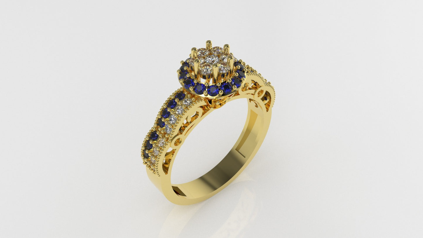 14K Gold Ring with 53 Stones, STT: Prong, Filigree, Cut Chanel