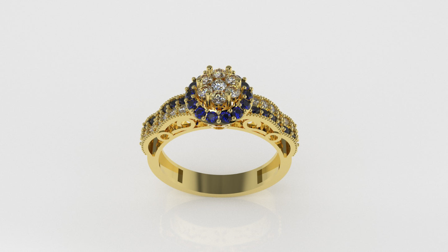 14K Gold Ring with 53 Stones, STT: Prong, Filigree, Cut Chanel