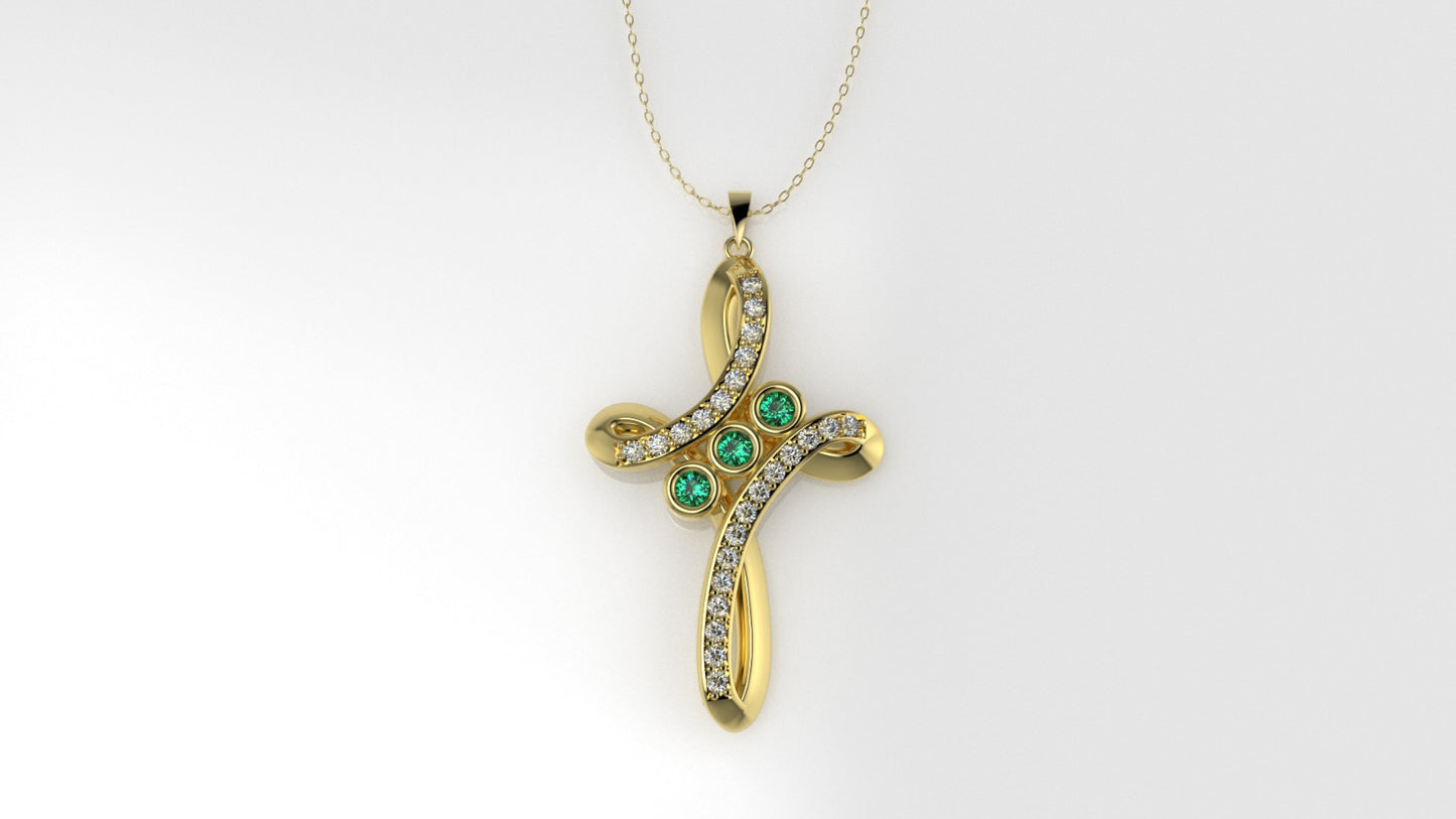 14K Gold Pendant with 27 Stones, STT: Prong and Bezel, Only Pendant, Cross Style, Cut Chanel