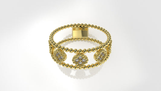 14K Gold Ring with 20 Diamonds, STT: Prong and Bezel, Filigree, 5 Clover