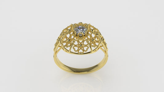 14K Gold Ring with 1 Diamond, STT: 6-Prong, Filigree Heart