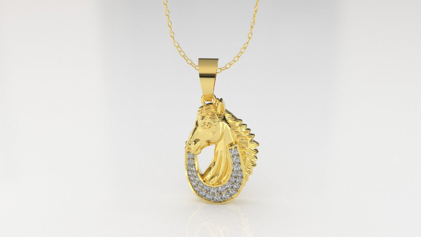 14K Gold Pendant with 28 Diamonds, STT: Prong, Only Pendant, Horse Style