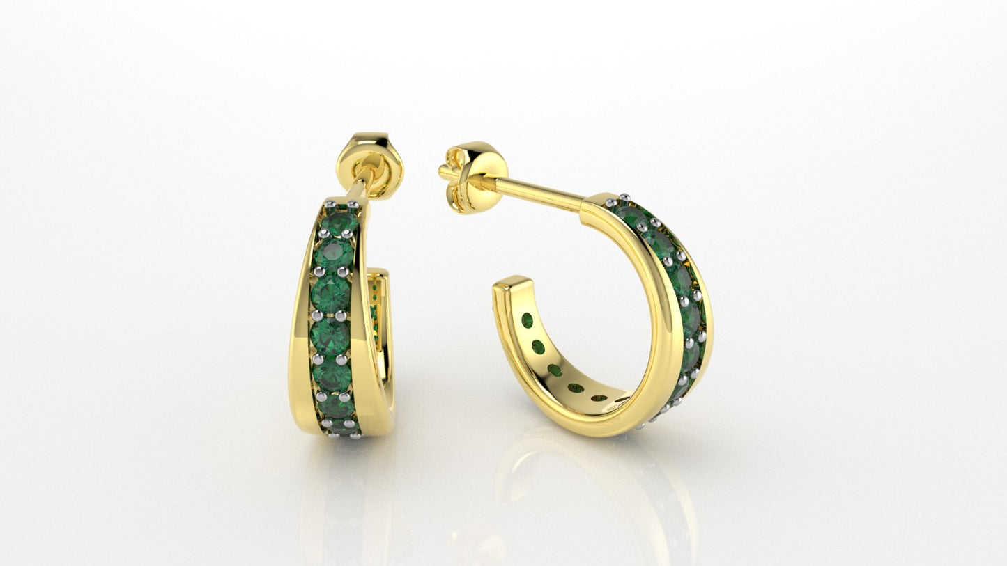 14K Gold Earrings with 26 Emeralds, "STT: Prong", Cut Chanel, Push Back