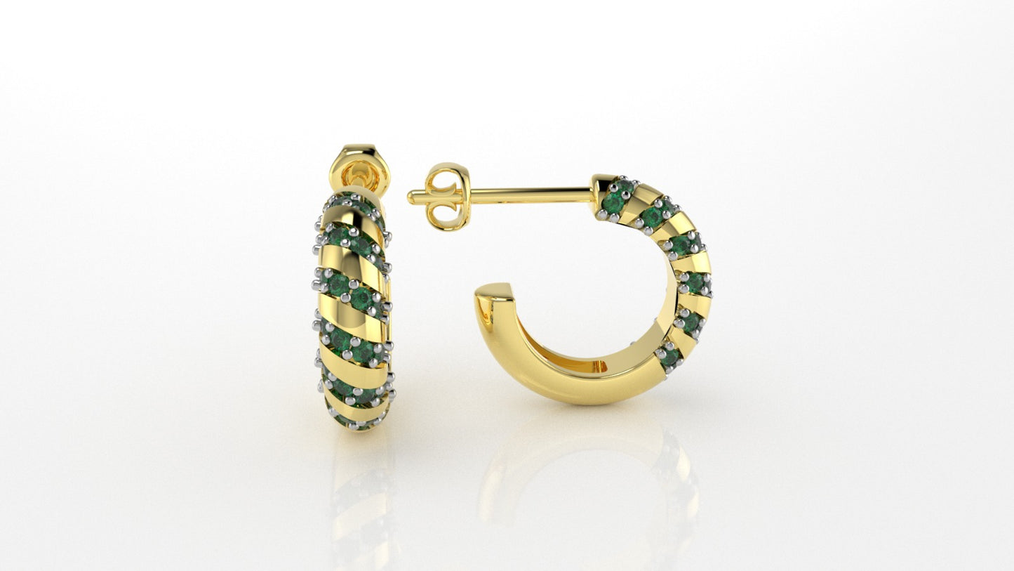 14K Gold Earrings with 48 Emeralds, "STT: Prong", Cut Chanel, Push Back