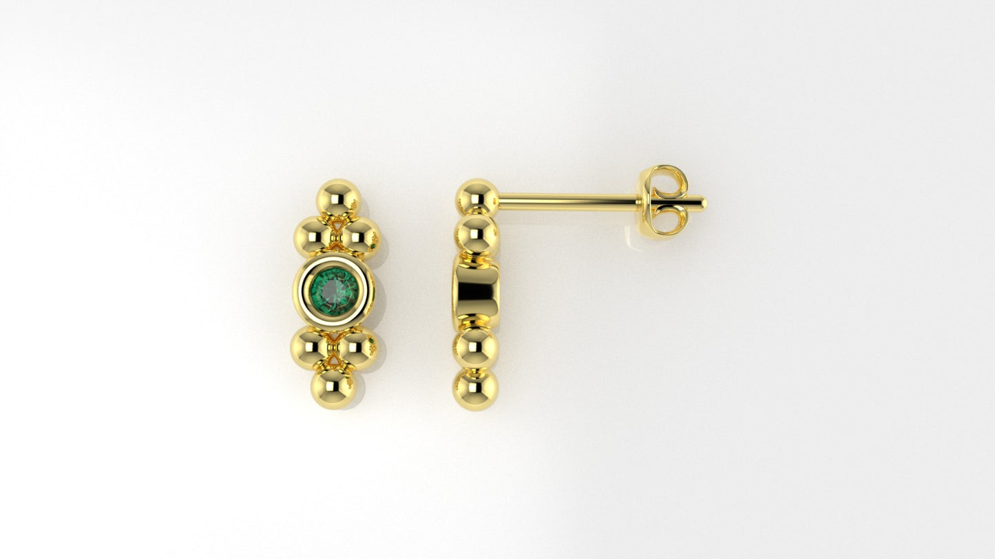 14K Gold Earrings with 2 Emeralds, "STT: Bezel", Push Back