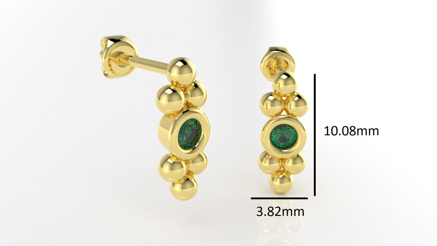 14K Gold Earrings with 2 Emeralds, "STT: Bezel", Push Back