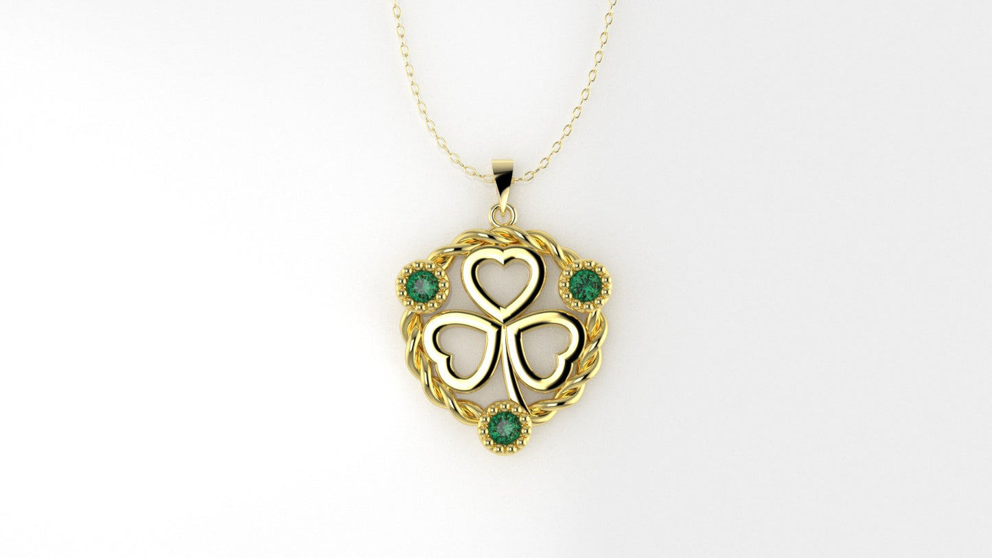 14K Pendant with 3 Emeralds, STT: Bezel, Only Pendant, Heart Style, Filigree, Rope