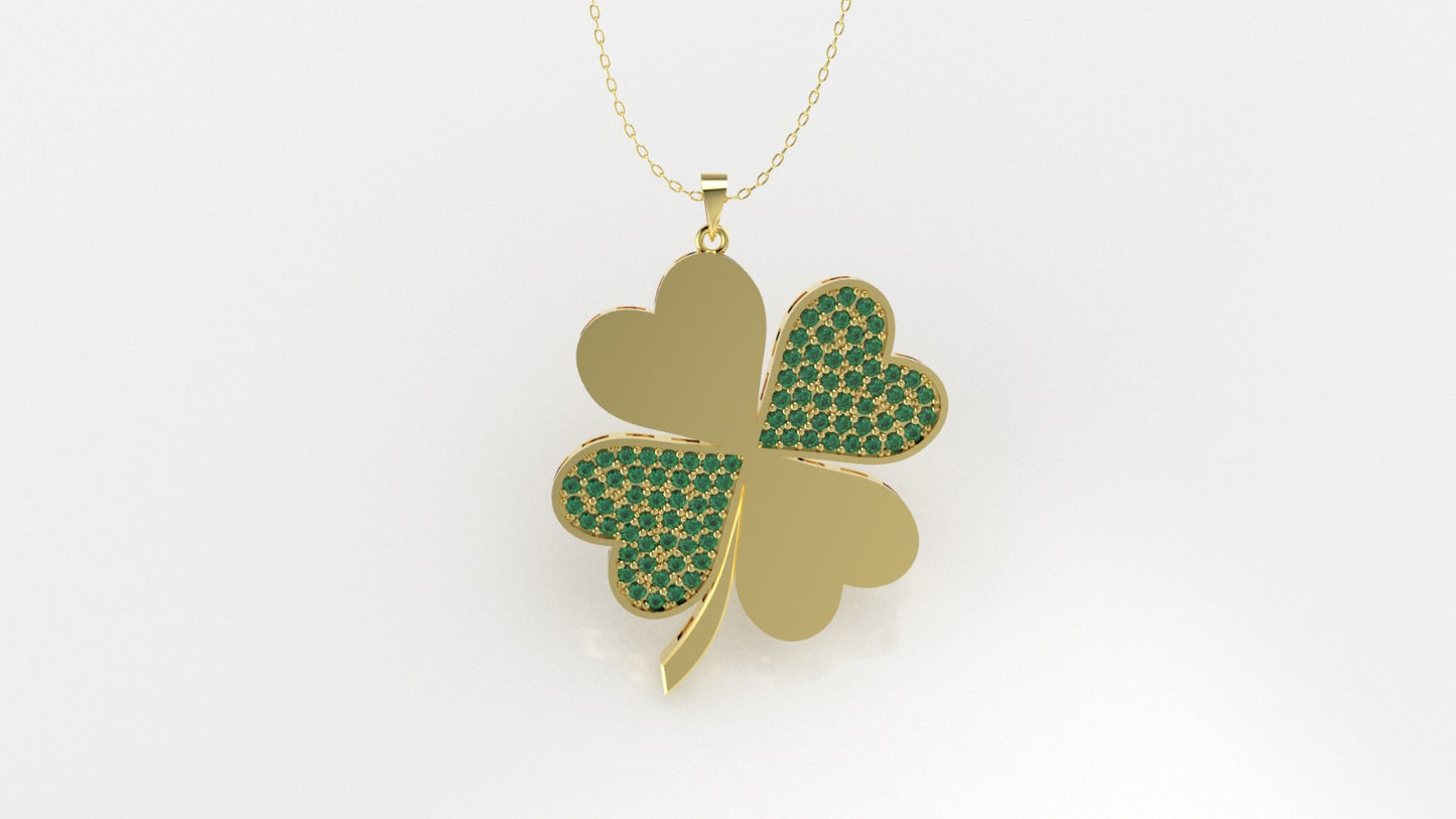 14K Gold Pendant with 90 Emeralds, STT: Prongs, Only Pendant, Heart Style, Clover