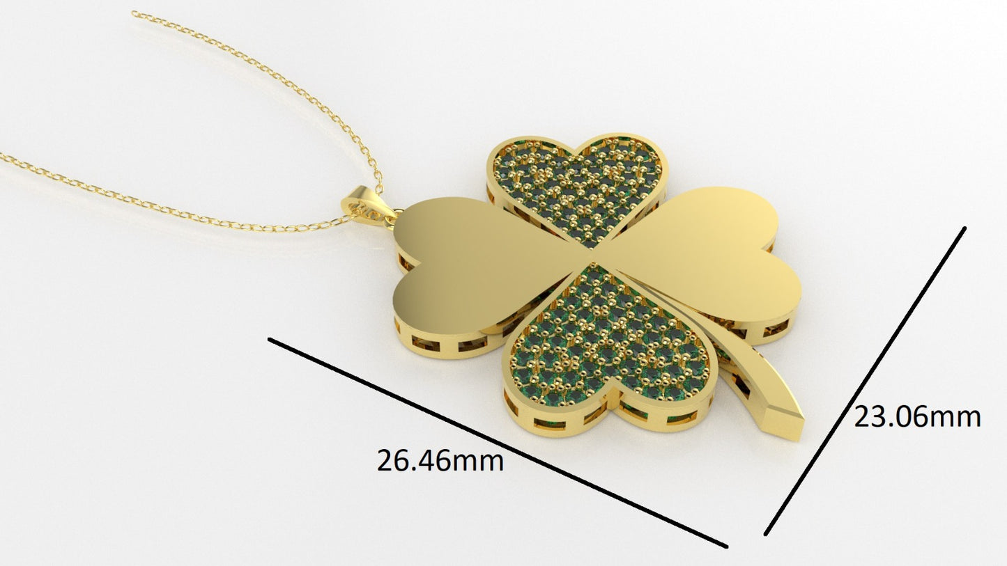 14K Gold Pendant with 90 Emeralds, STT: Prongs, Only Pendant, Heart Style, Clover