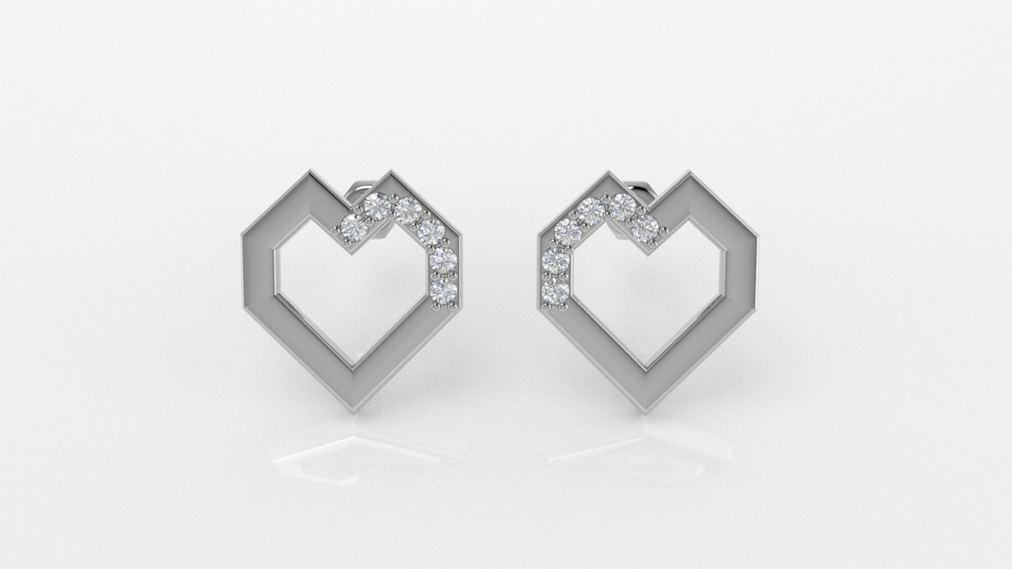 14K Gold Earrings with 12 Diamonds, "STT: Prong", Push Back, Heart Style