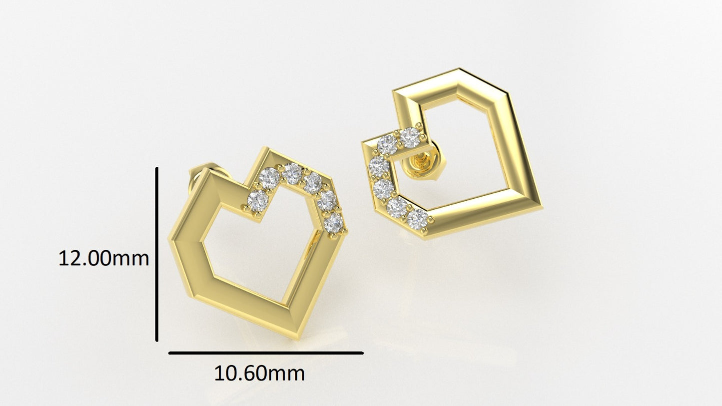 14K Gold Earrings with 12 Diamonds, "STT: Prong", Push Back, Heart Style