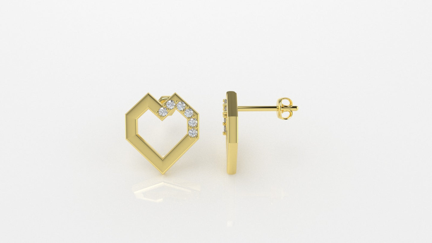 14K Gold Earrings with 12 Diamonds, "STT: Prong", Push Back, Heart Style