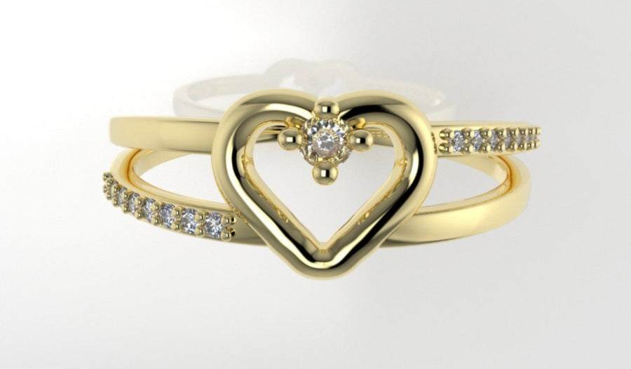 14K yellow gold Ring with Diamond VS1, Heart Style, "double band" "stt prongs"