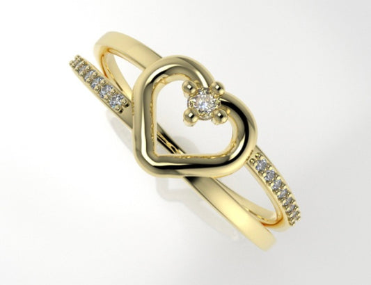 14K yellow gold Ring with Diamond VS1, Heart Style, "double band" "stt prongs"