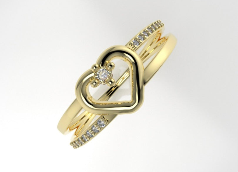 14K yellow gold Ring with Diamond VS1, Heart Style, "double band" "stt prongs"