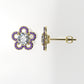 Yellow Gold Earrings with 2 MOISSANITE 6.5mm VS1 each and 66 AMETHYST 1mm each, "flower with 5 petals"