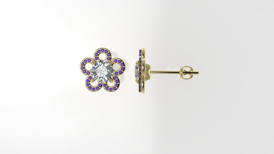 Yellow Gold Earrings with 2 DIAMOND 6.5mm VS1 each and 66 AMETHYST 1mm each, "flower with 5 petals"