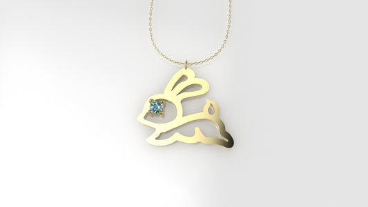 14K Pendant with 1 AQUAMARINE 2mn, includes 18 inch Chain, "Figure Rabbit solid gold, 4 Prongs"