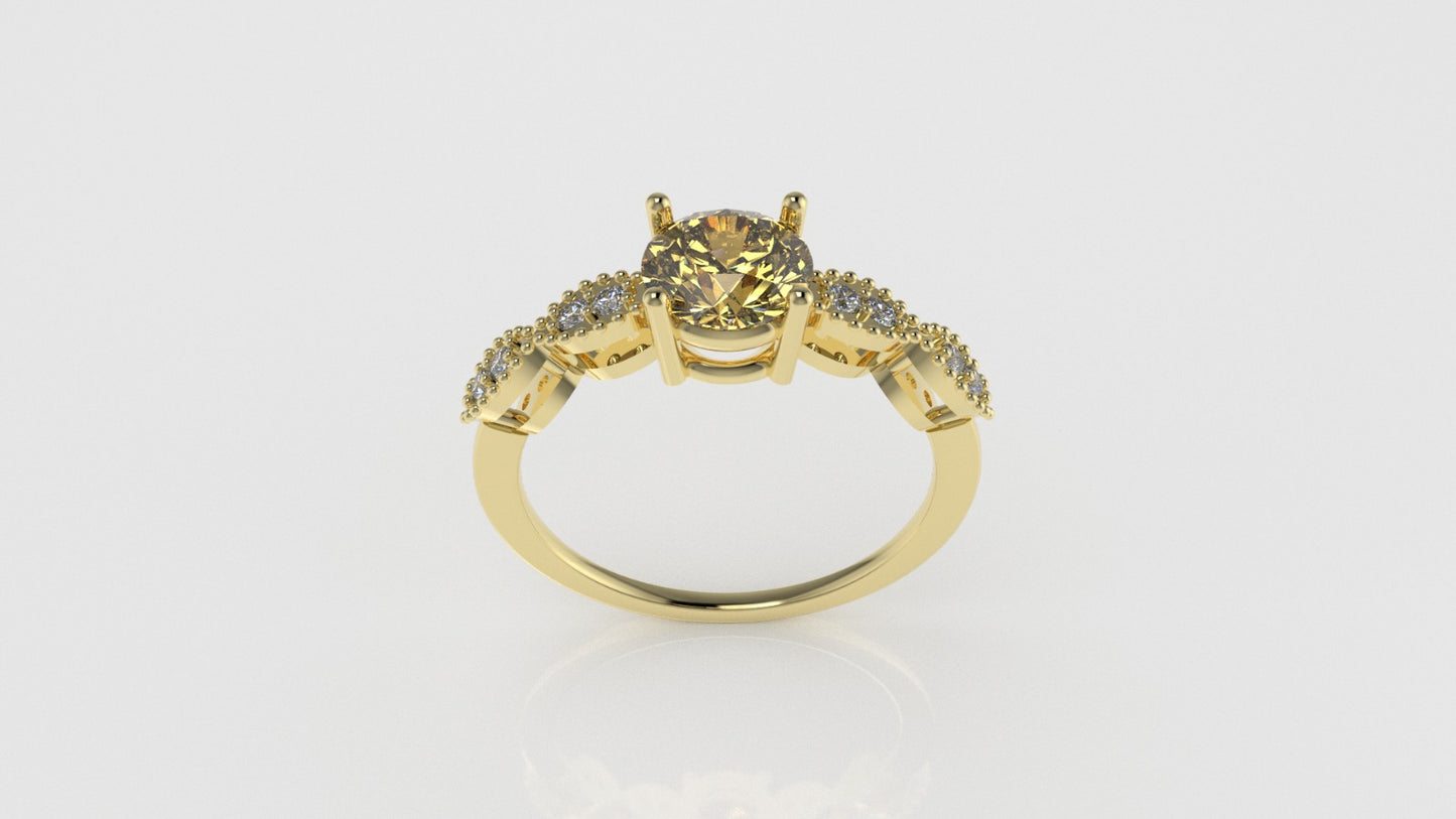 14K Solitaire Ring with 1 CITRINE 6.5mm and 8 DIAMONDS 1.5mm VS1, setting prongs, Filigree