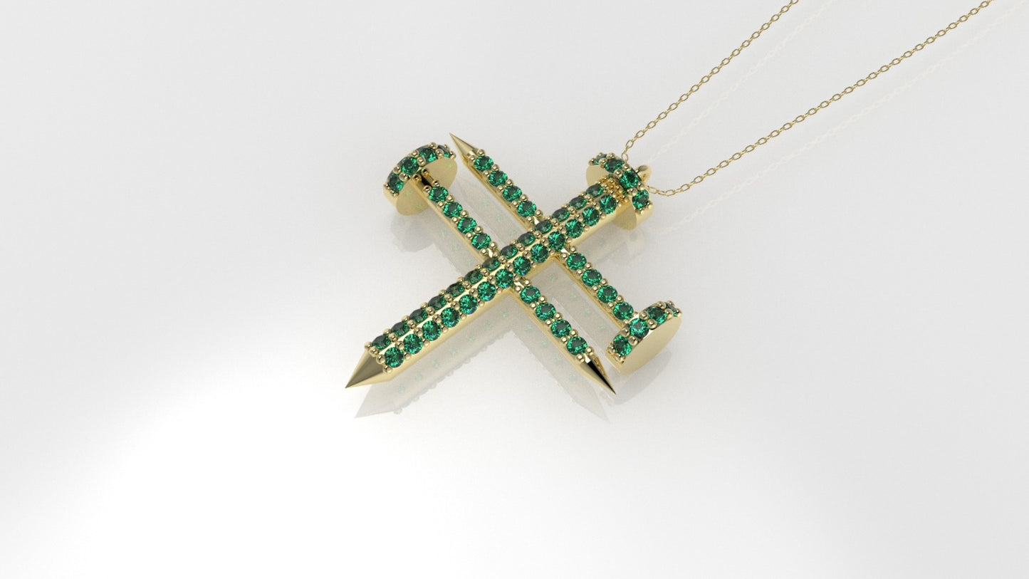 14K Pendant with 54 EMERALD 1mm each, Cross, Only Pendant, "crossed construction nails"