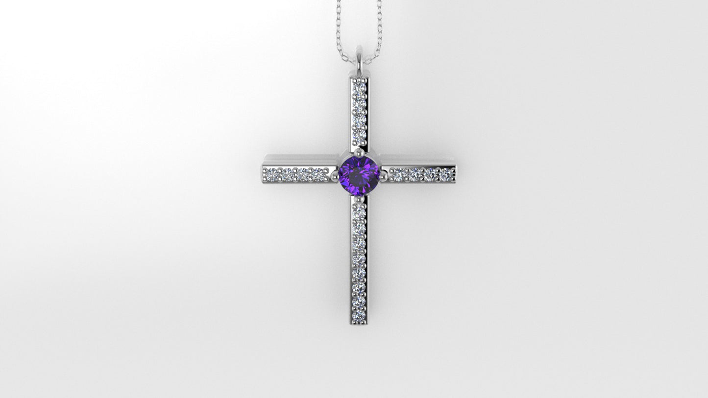 Gold Pendant with 20 Diamond 1mm VS1 each and 1 AMETHYST 3mm, Cross, Only Pendant