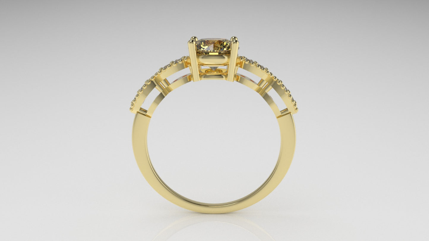 14K Solitaire Ring with 1 CITRINE 6.5mm and 8 DIAMONDS 1.5mm VS1, setting prongs, Filigree