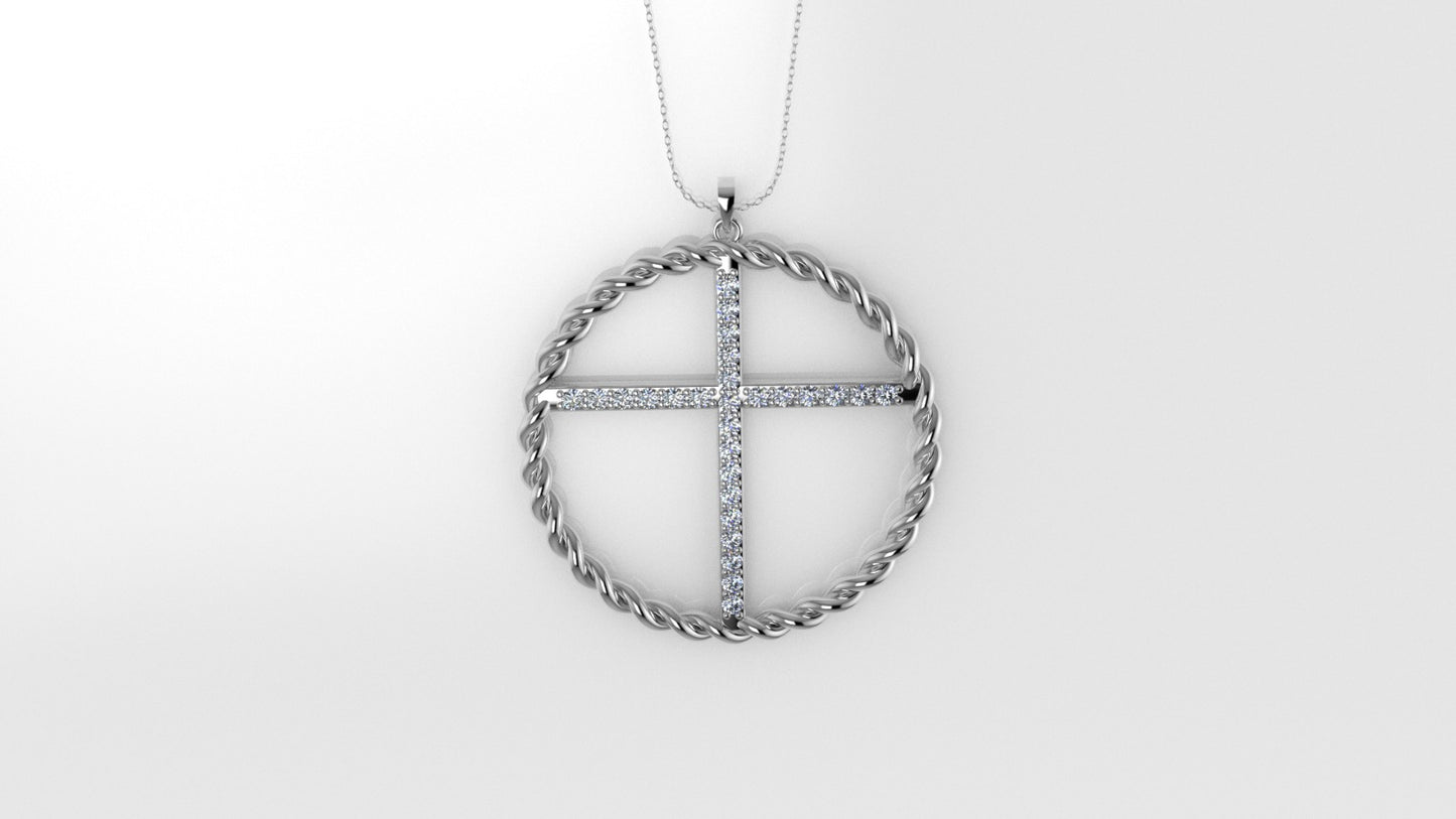 14K Pendant with 27 MOISSANITE VS1, "Cross with twisted circle", Only Pendant